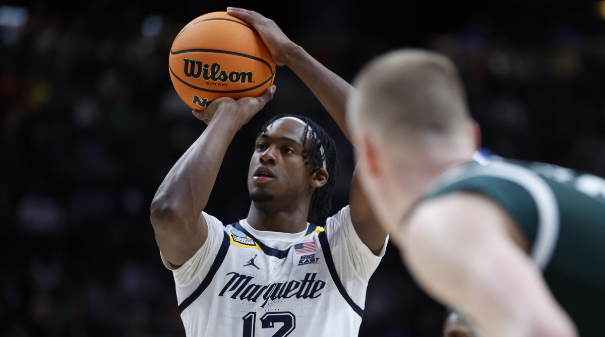 Marquette Golden Eagles forward Olivier-Maxence Prosper shoots the ball in the first half against the Michigan State Spartans.
